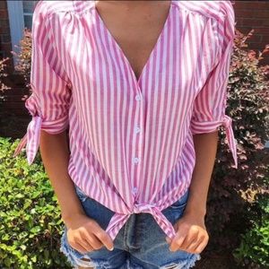 Ellison Striped Pink Button Down Tie Blouse Sz S